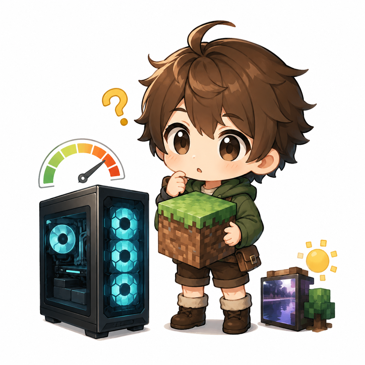 Minecraftが今のPCで遊べるか悩む2頭身キャラクター