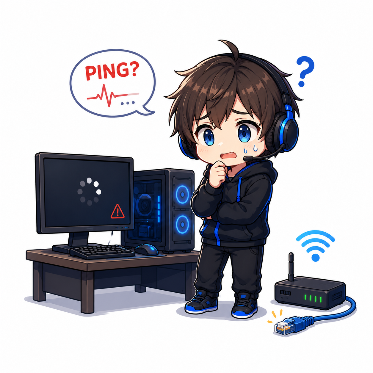 PCゲームのラグやPINGで悩む2頭身キャラクター