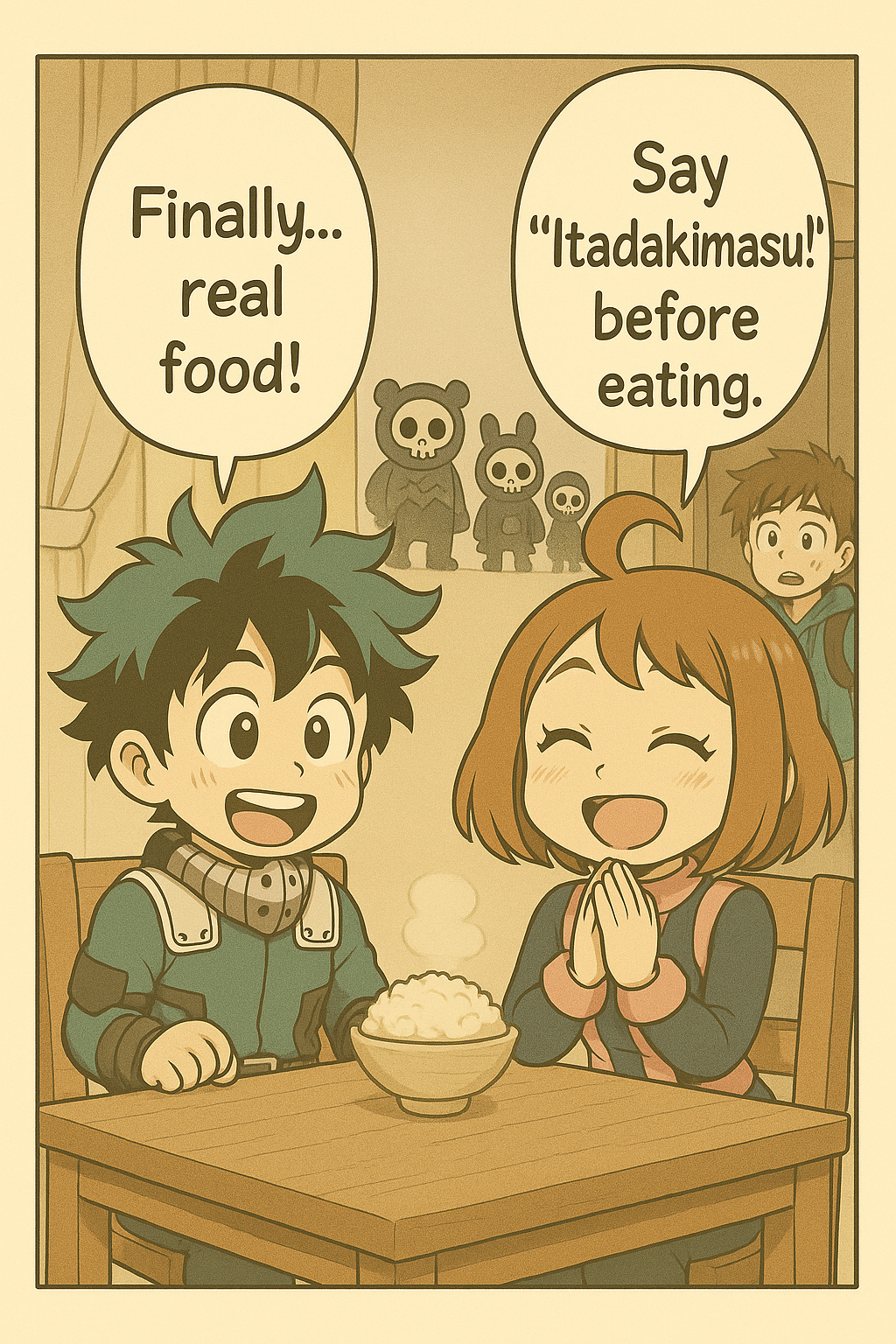 Two kids are happy to see real food on the table.