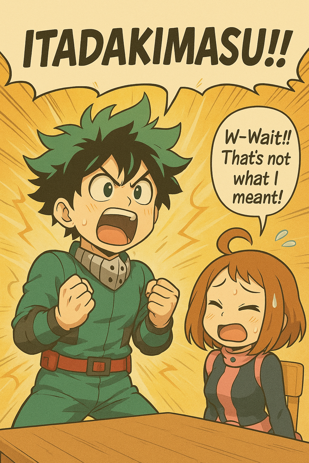 A boy shouts ITADAKIMASU!! very loudly.