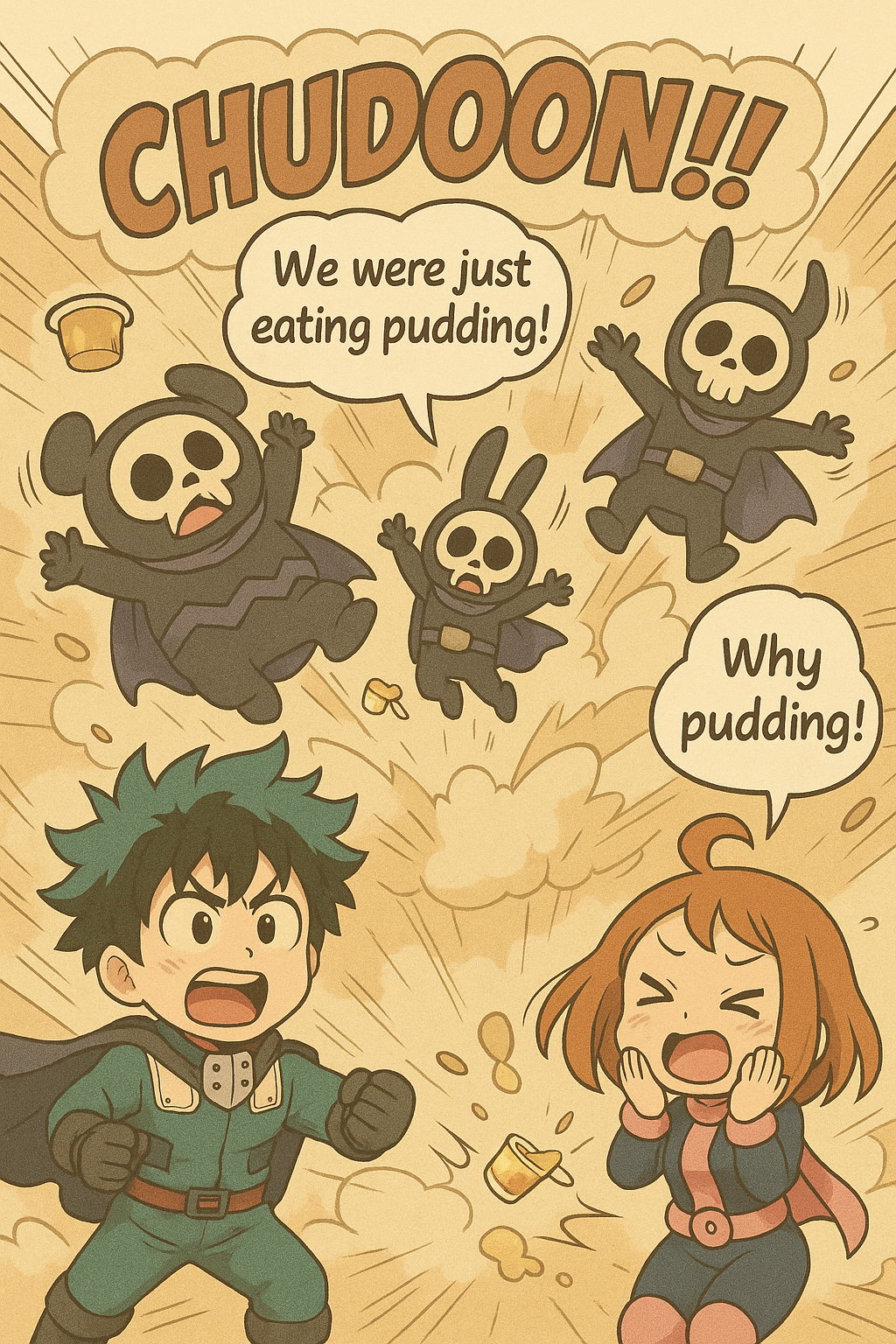 Villains and pudding cups are blown away with a big boom.