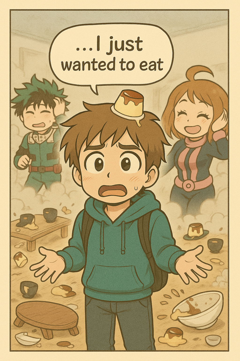 A boy stands in the mess with pudding on his head.