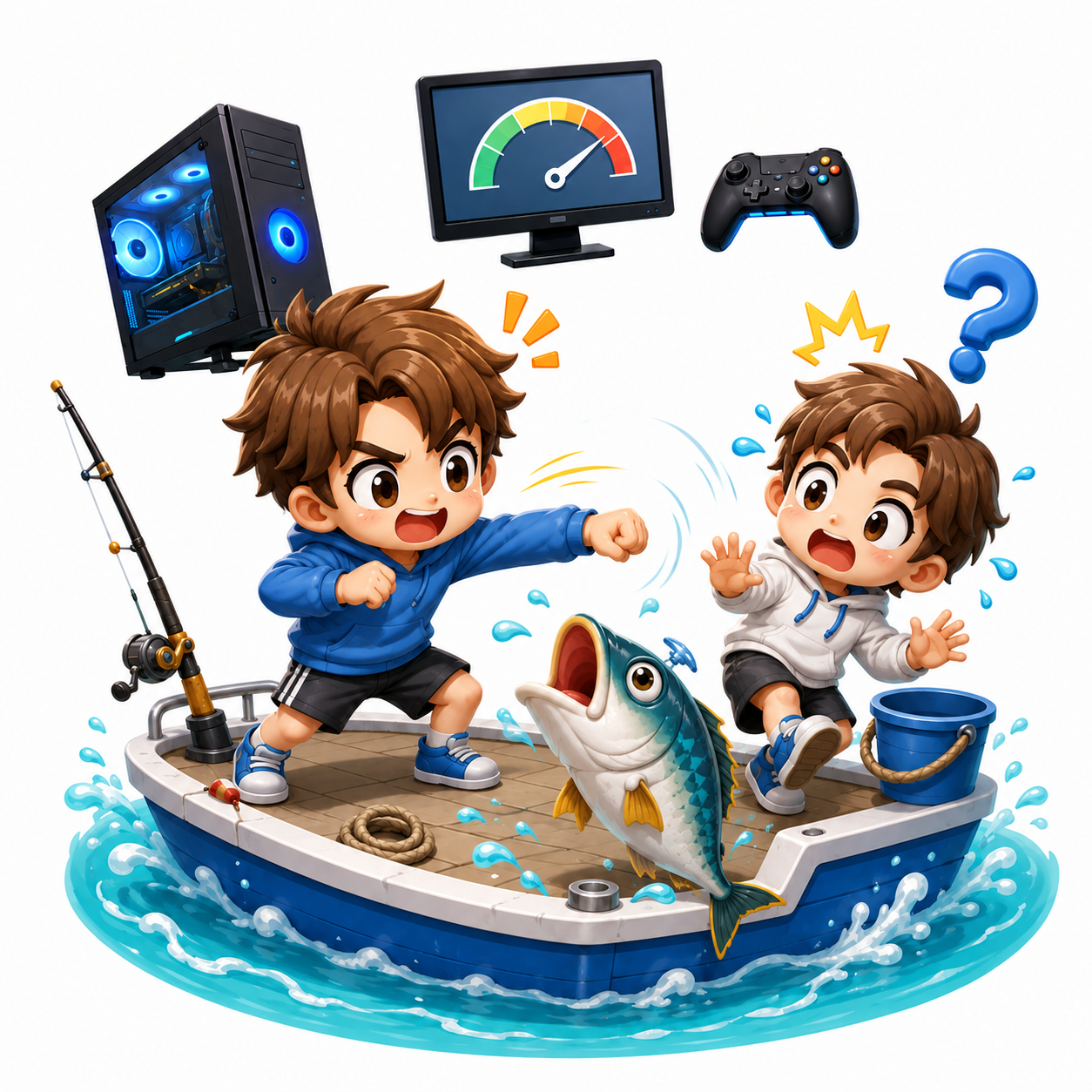 How to Fishで魚を殴ろうとして仲間まで殴りそうになる場面