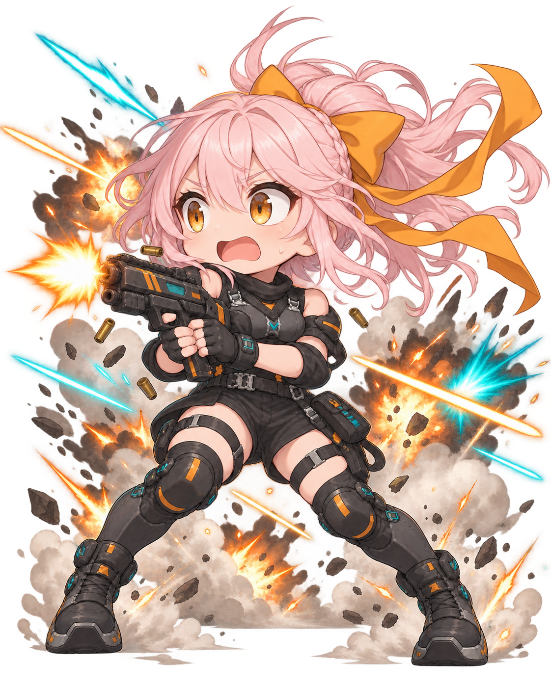 銃撃や煙が重なり焦っているオリジナルちびキャラクター