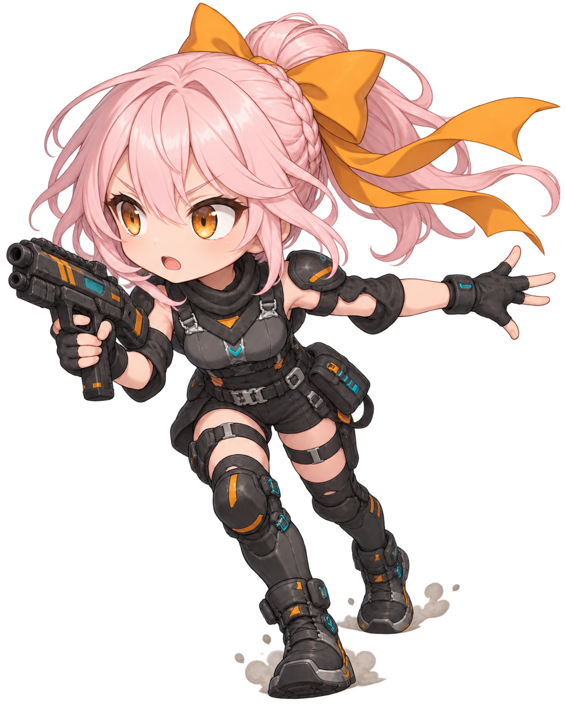 武器を構えて仲間へ進む方向を伝えるオリジナルちびキャラクター
