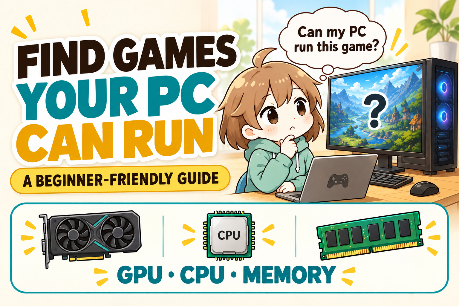 Beginner wondering whether their PC can run a game, with GPU, CPU, and memory shown below