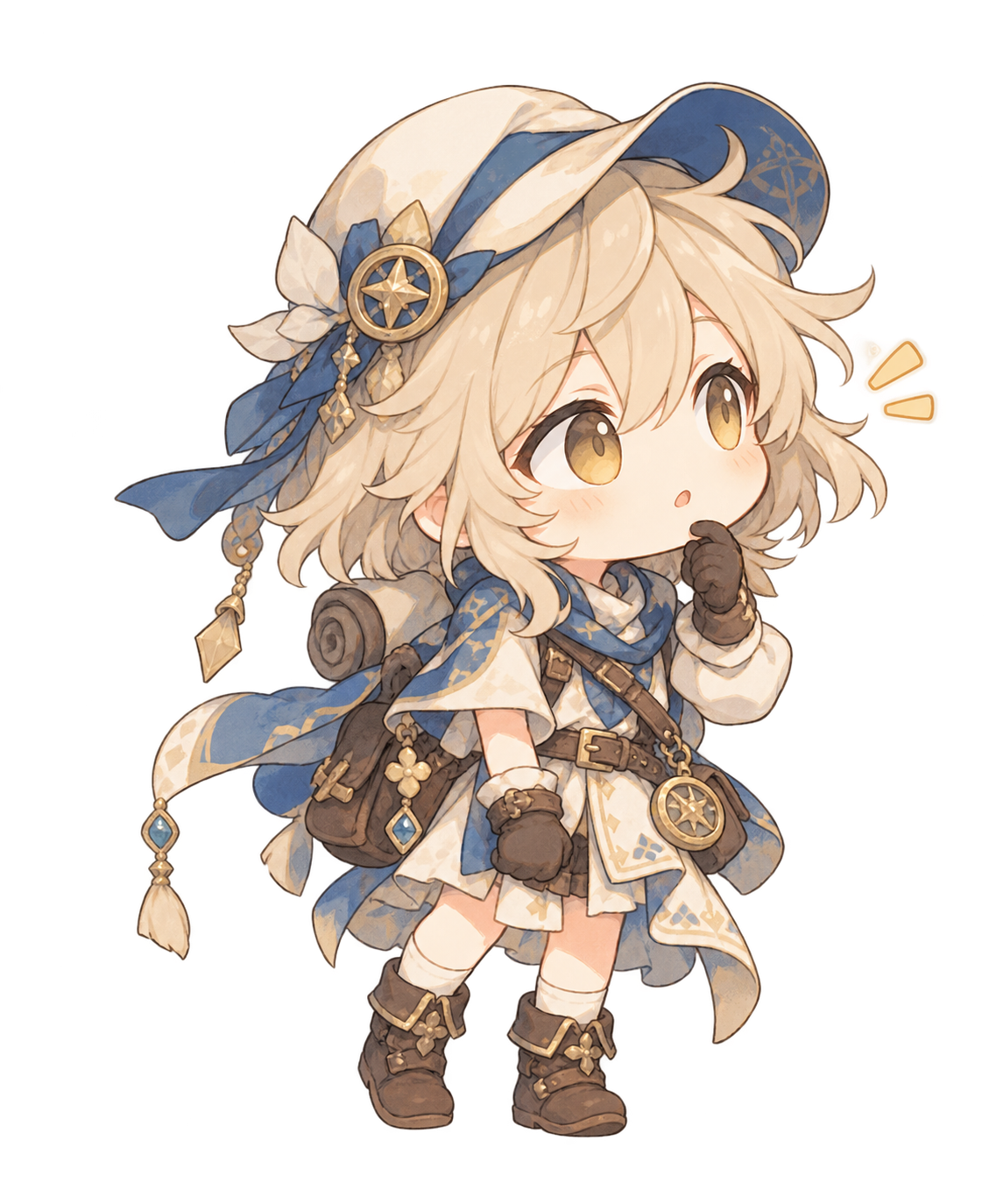 ファンタジー世界で寄り道したそうに遠くを見るちび旅人のイラスト