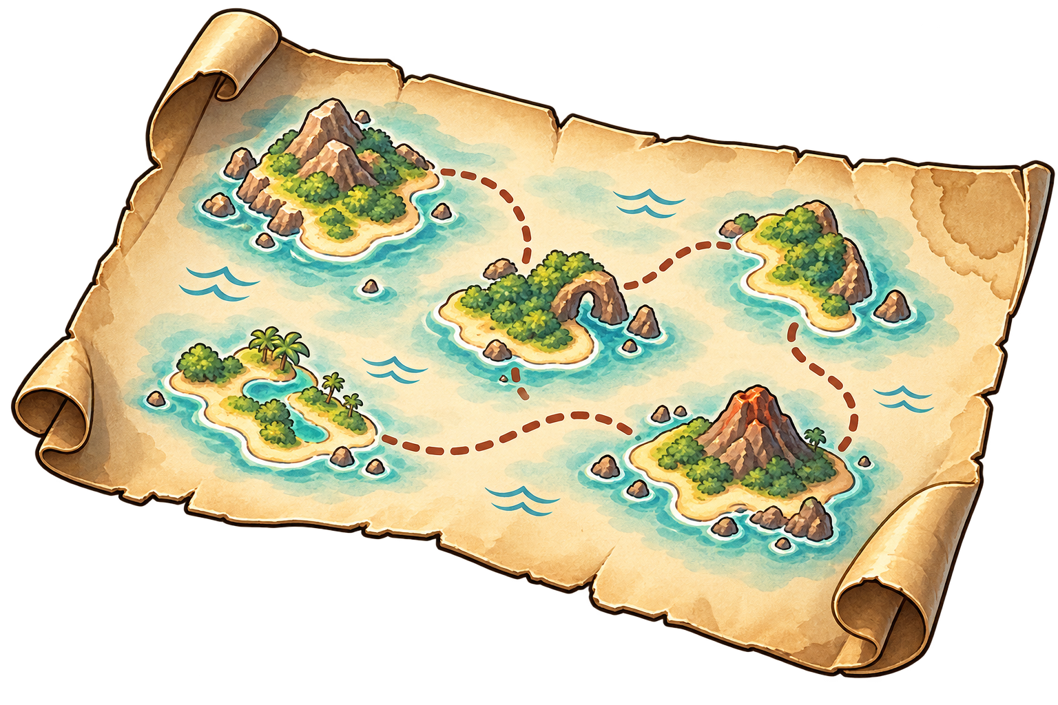 いくつかの島と航路が描かれた、手描きの地図