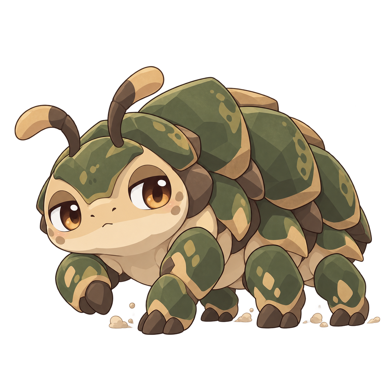 大きな甲殻を背負って歩く緑色のオリジナルちびモンスター