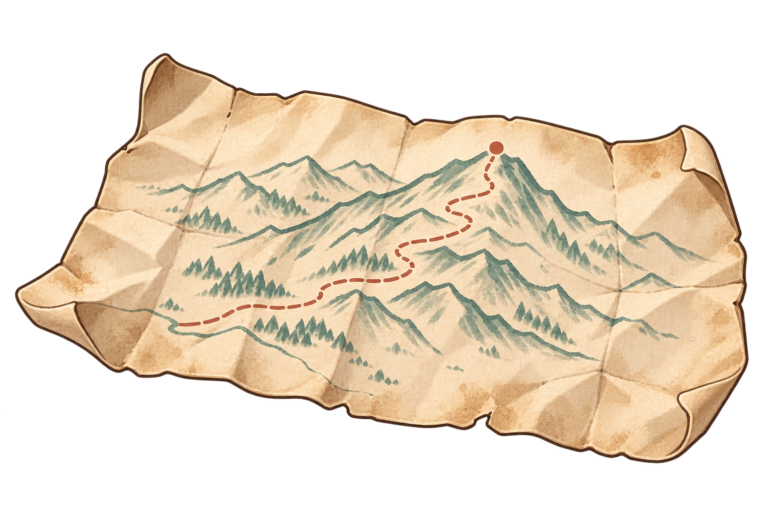 山頂までの道を描いた、少ししわのある手描き地図
