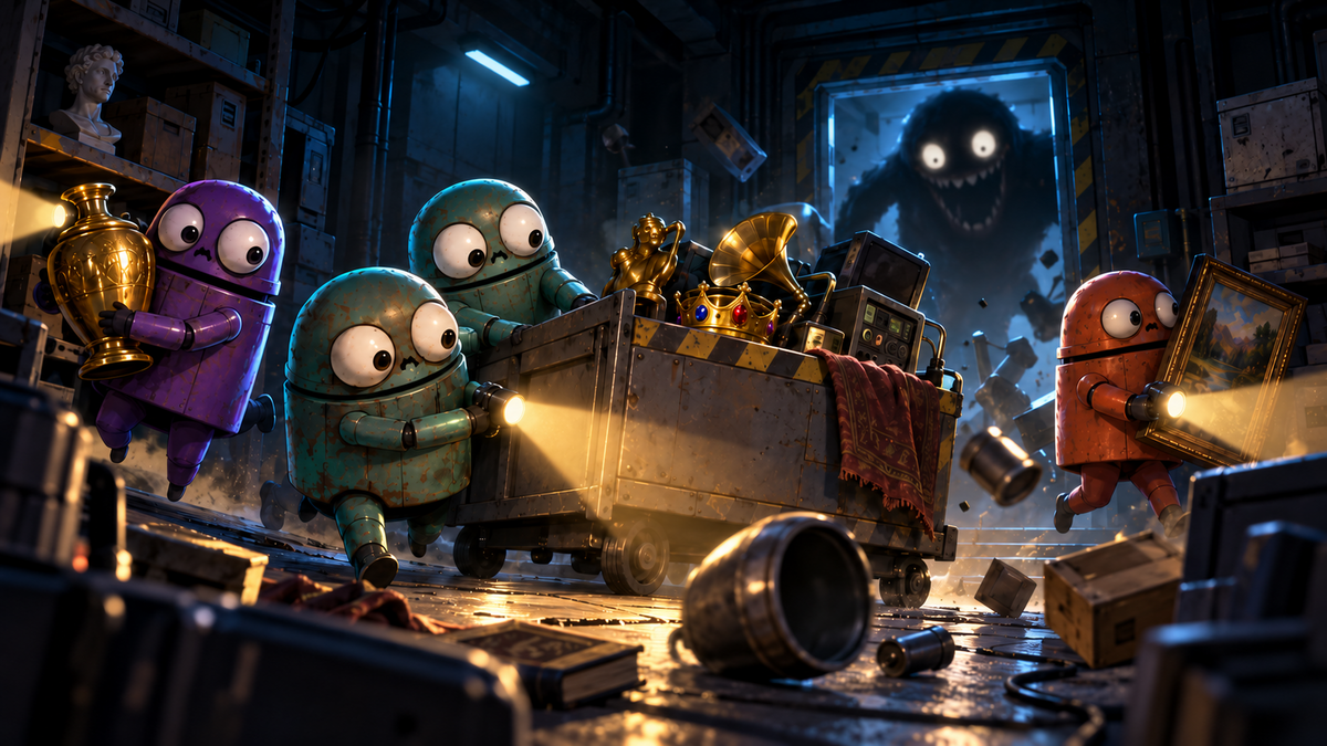 R.E.P.O. player robots move treasure through a busy scene with flashlights and a monster