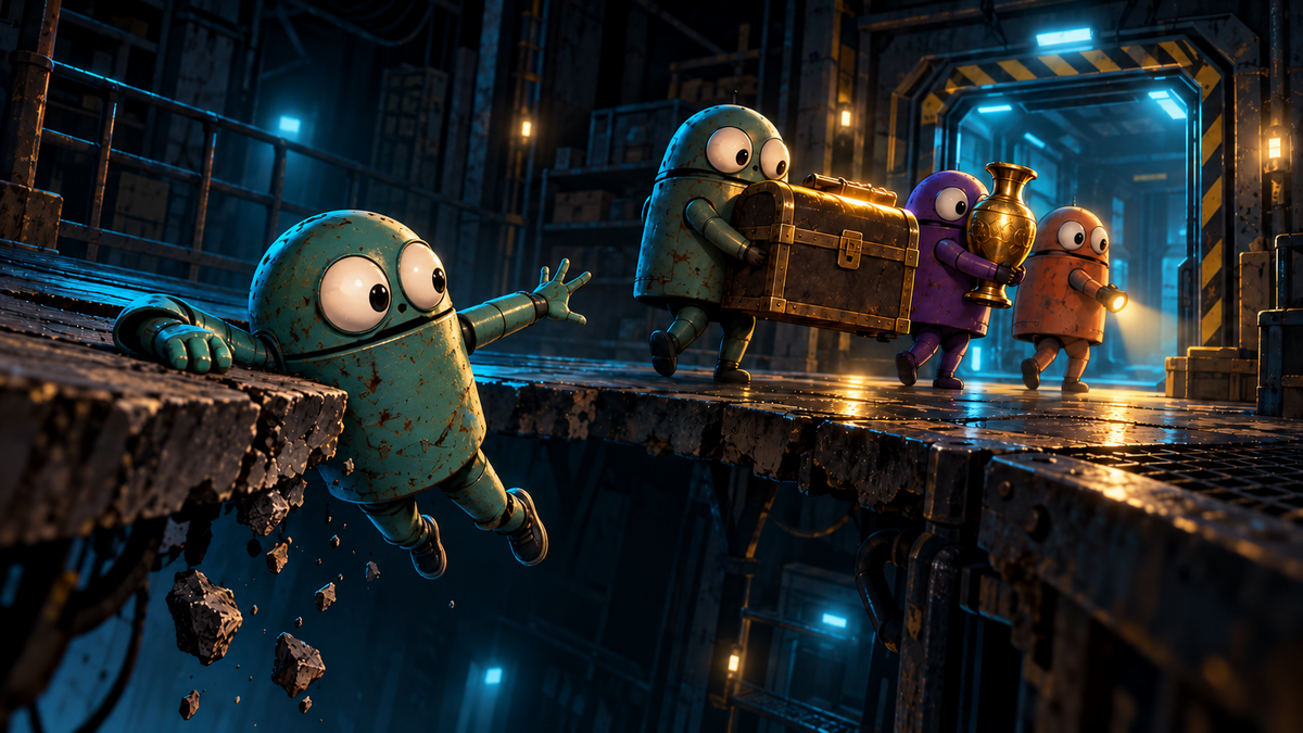 A player robot nearly falls into the abyss while teammates carry treasure in R.E.P.O.