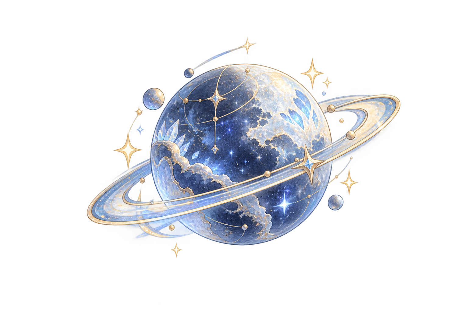星とリングに囲まれた青い惑星のイラスト