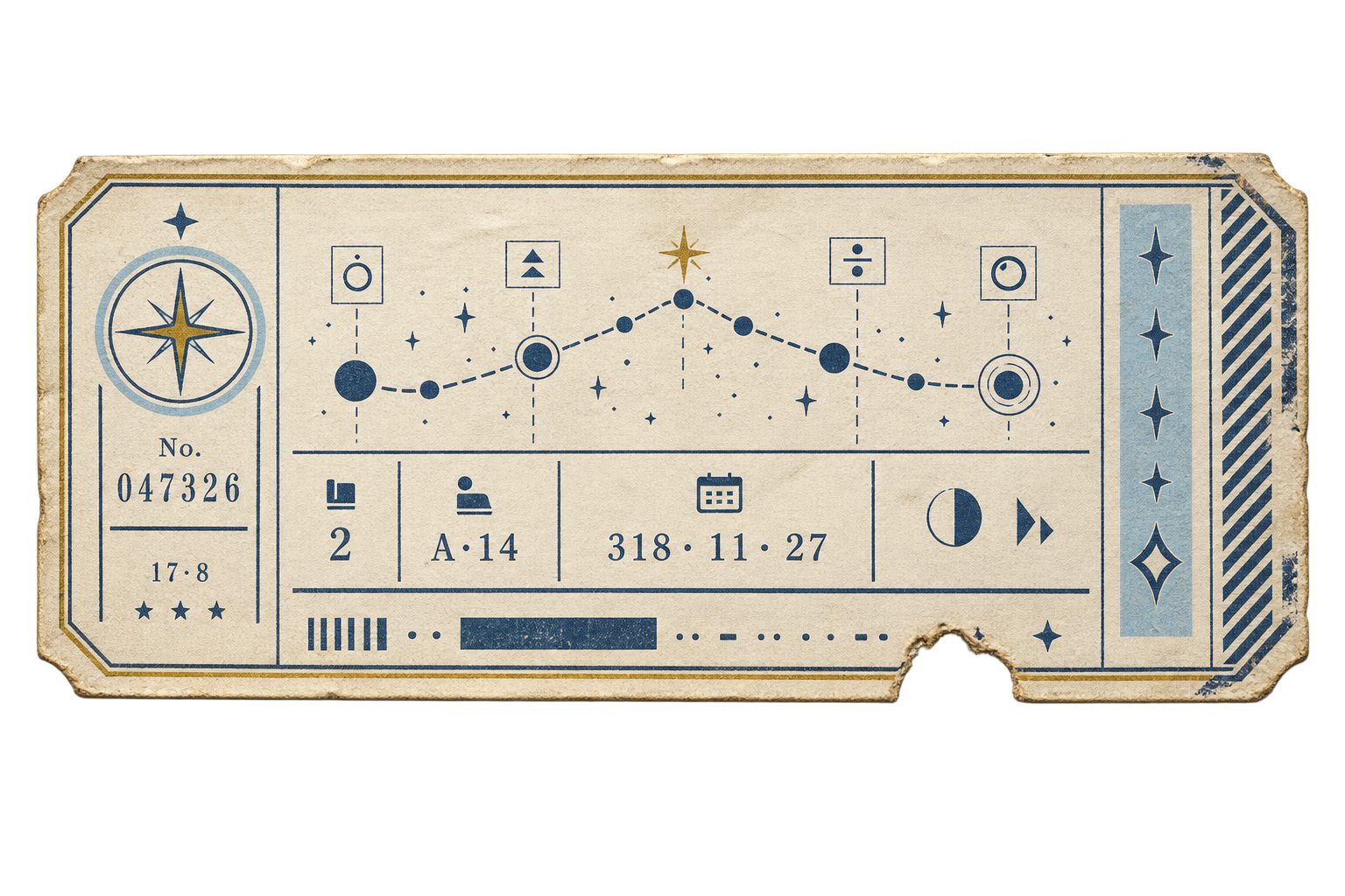 星間航路が描かれたレトロな列車切符のイラスト