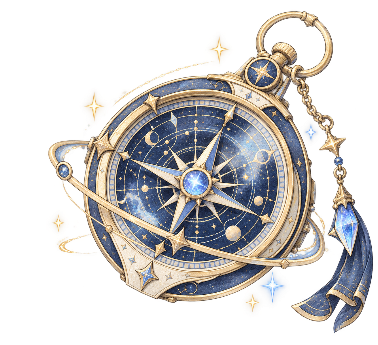 星図とコンパスを組み合わせた宇宙の旅道具のイラスト