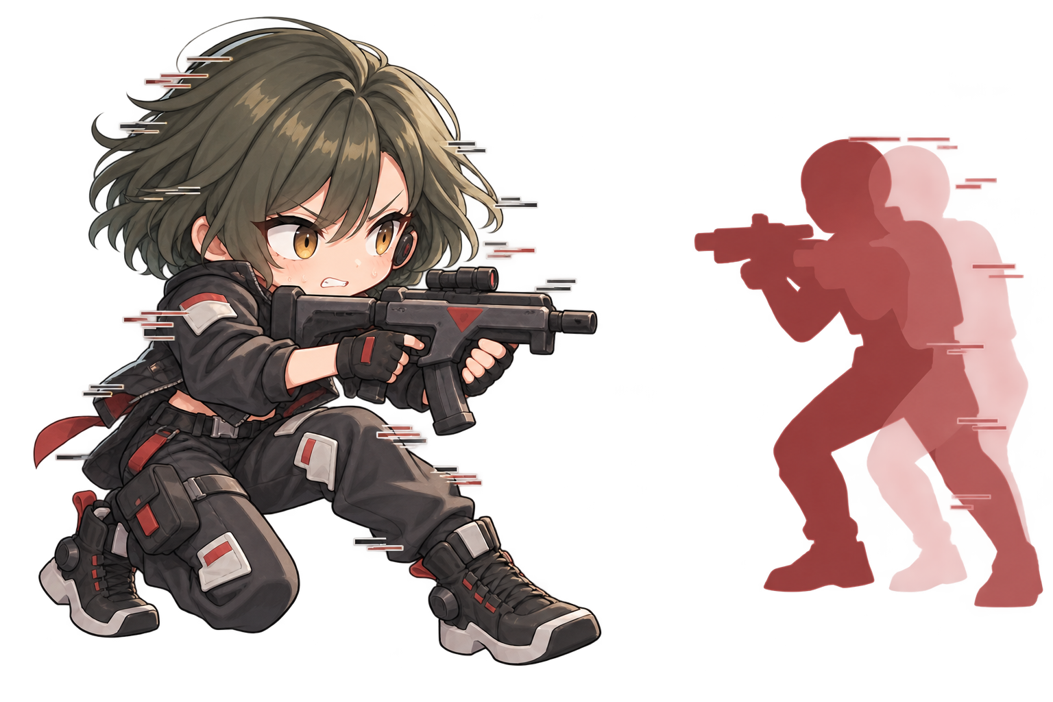 撃ち合い中の画面のカクつきと敵の位置ずれに困るオリーブ髪のちびキャラクター