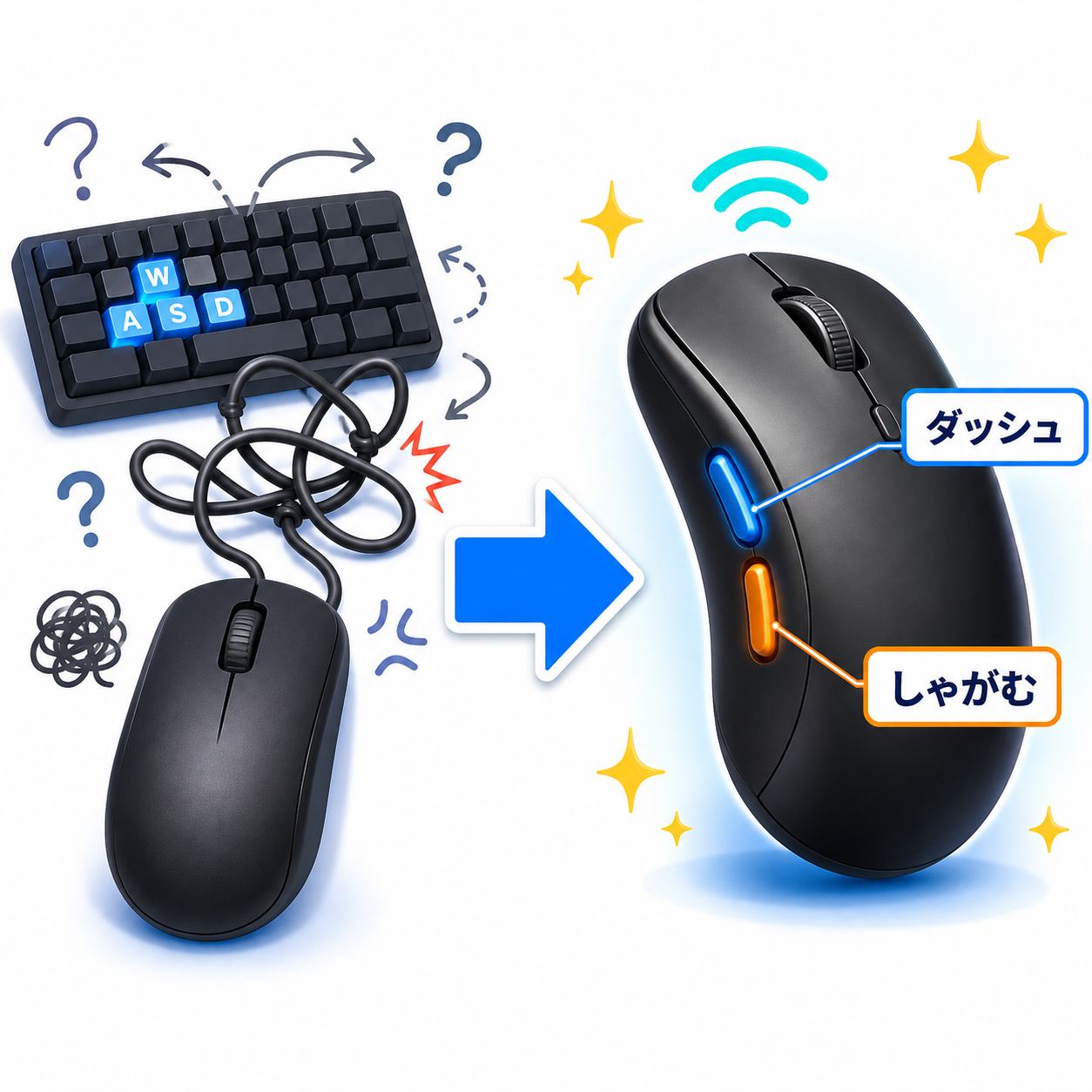 有線マウスからダッシュとしゃがむを登録したサイドボタン付きワイヤレスマウスへ変更
