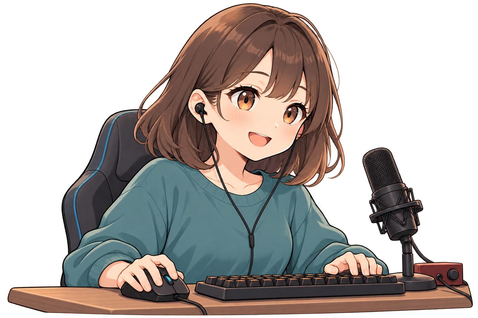 有線イヤホンと外付けマイクで仲間と話しながらゲームをする女性