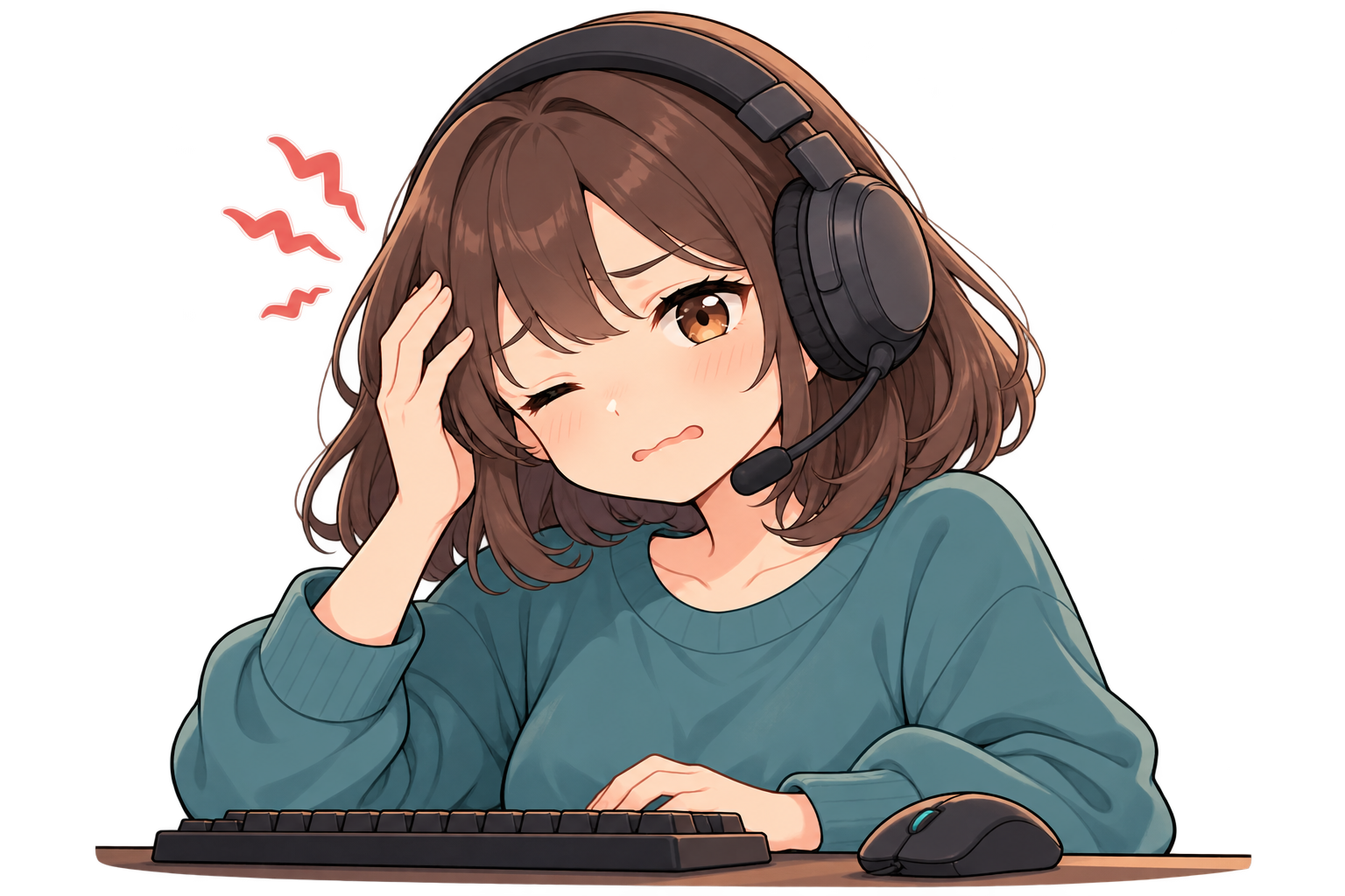 ヘッドセットを着けてこめかみに手を添える女性